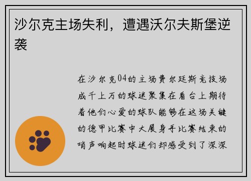 沙尔克主场失利，遭遇沃尔夫斯堡逆袭